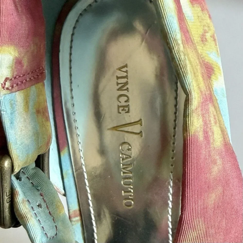 Vince Camuto Tie Dye Fabric Buckle Sandals High Block Heels Women's Size 9.5B